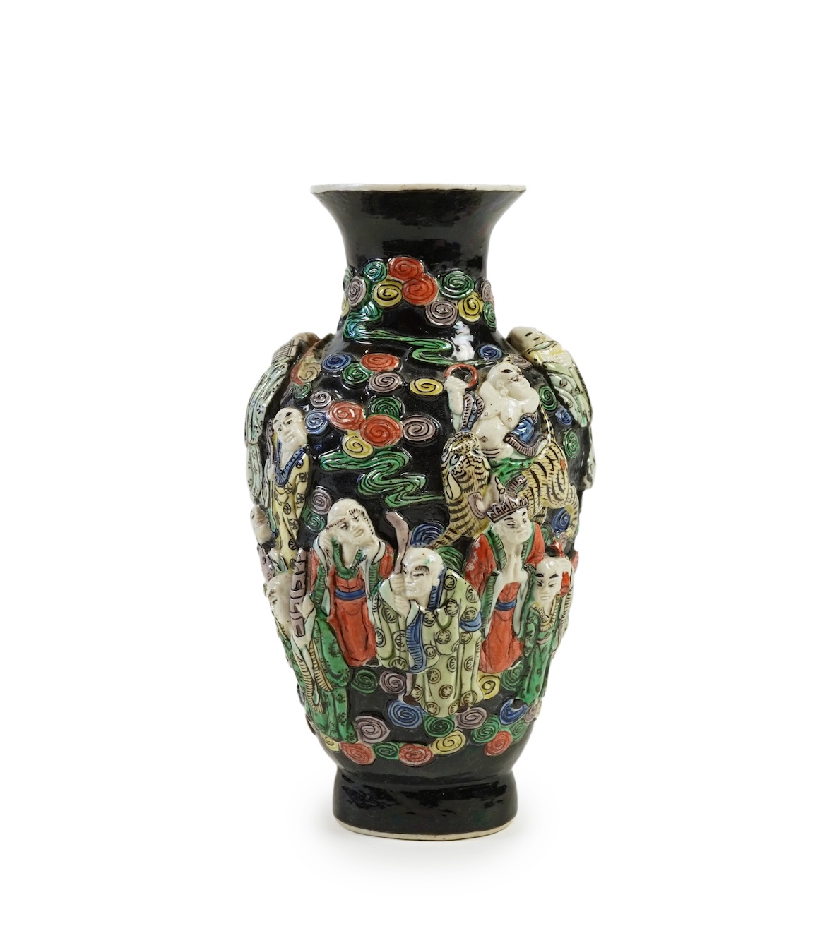 A Chinese enamelled biscuit ‘eighteen Luohan’ vase, 19th century